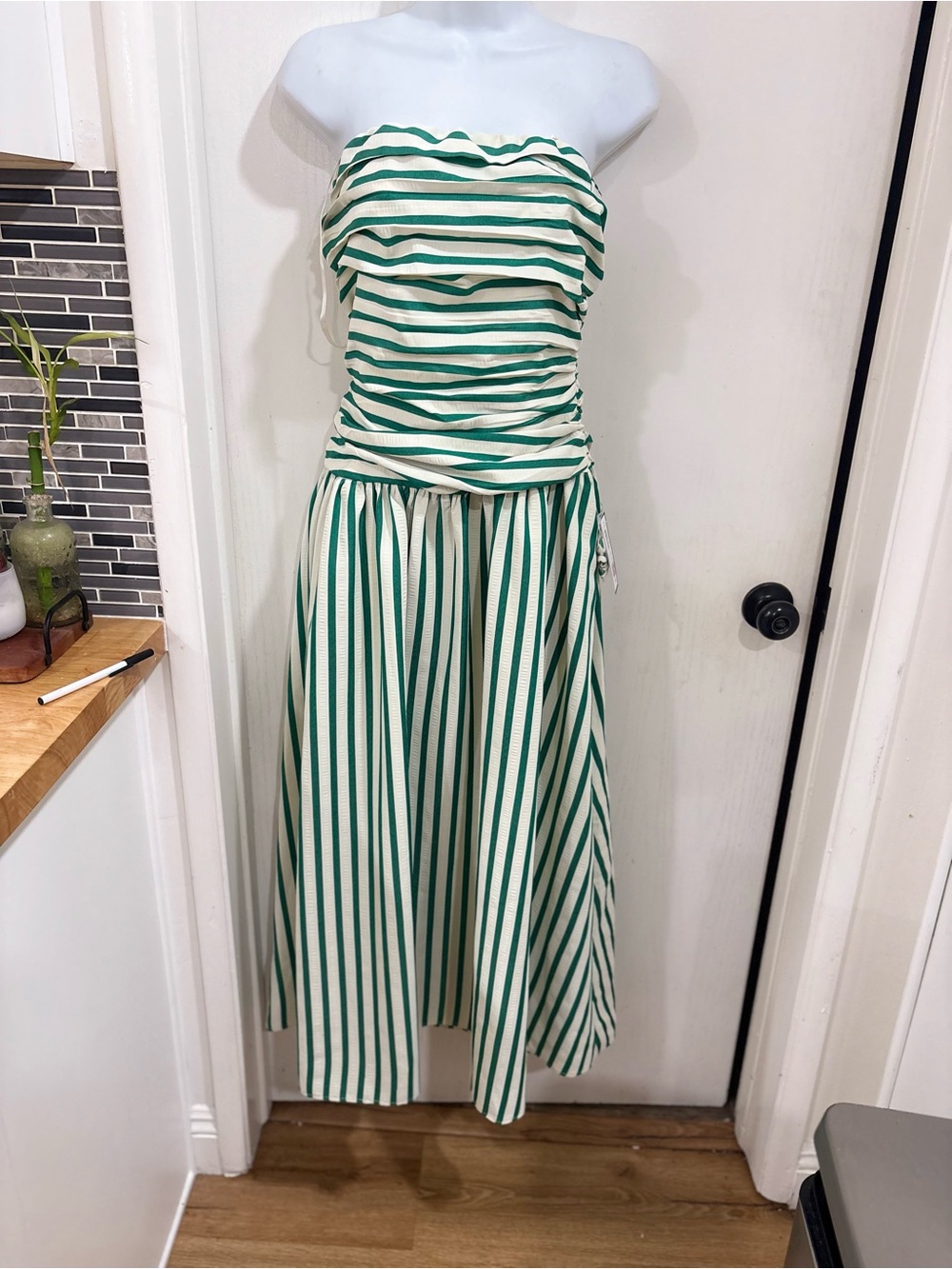 Green & White Strapless Ruched Midi Dress